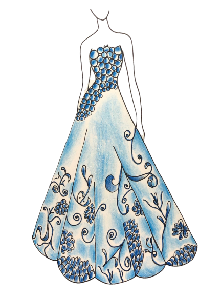 Drawing of a long pale blue highly decorated evening dress