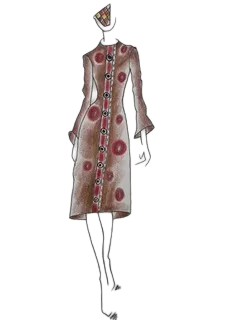 Drawing of long sleeved dress in brown with mushroom red designs