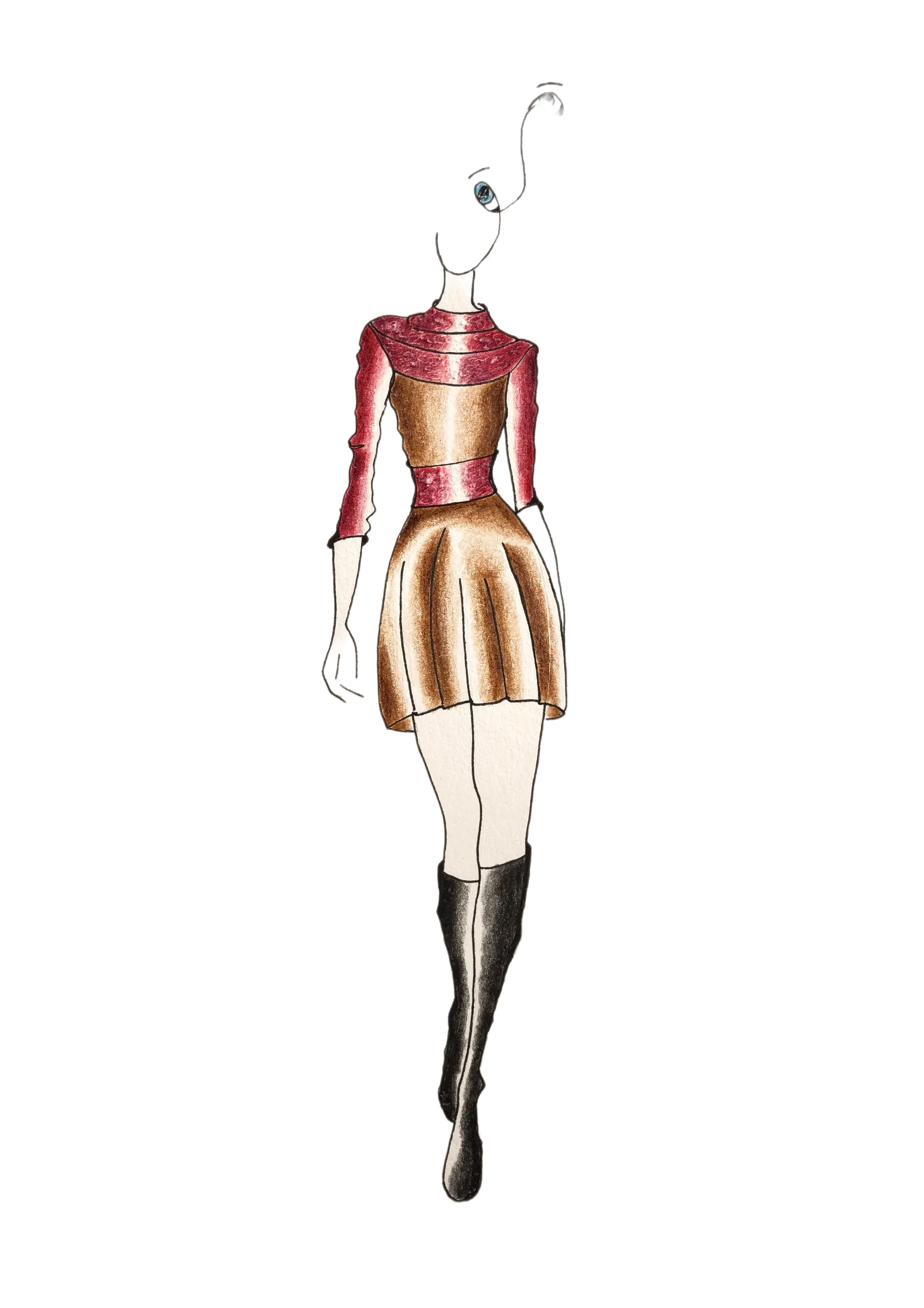 drawing short leather skirt and red top long sleeves