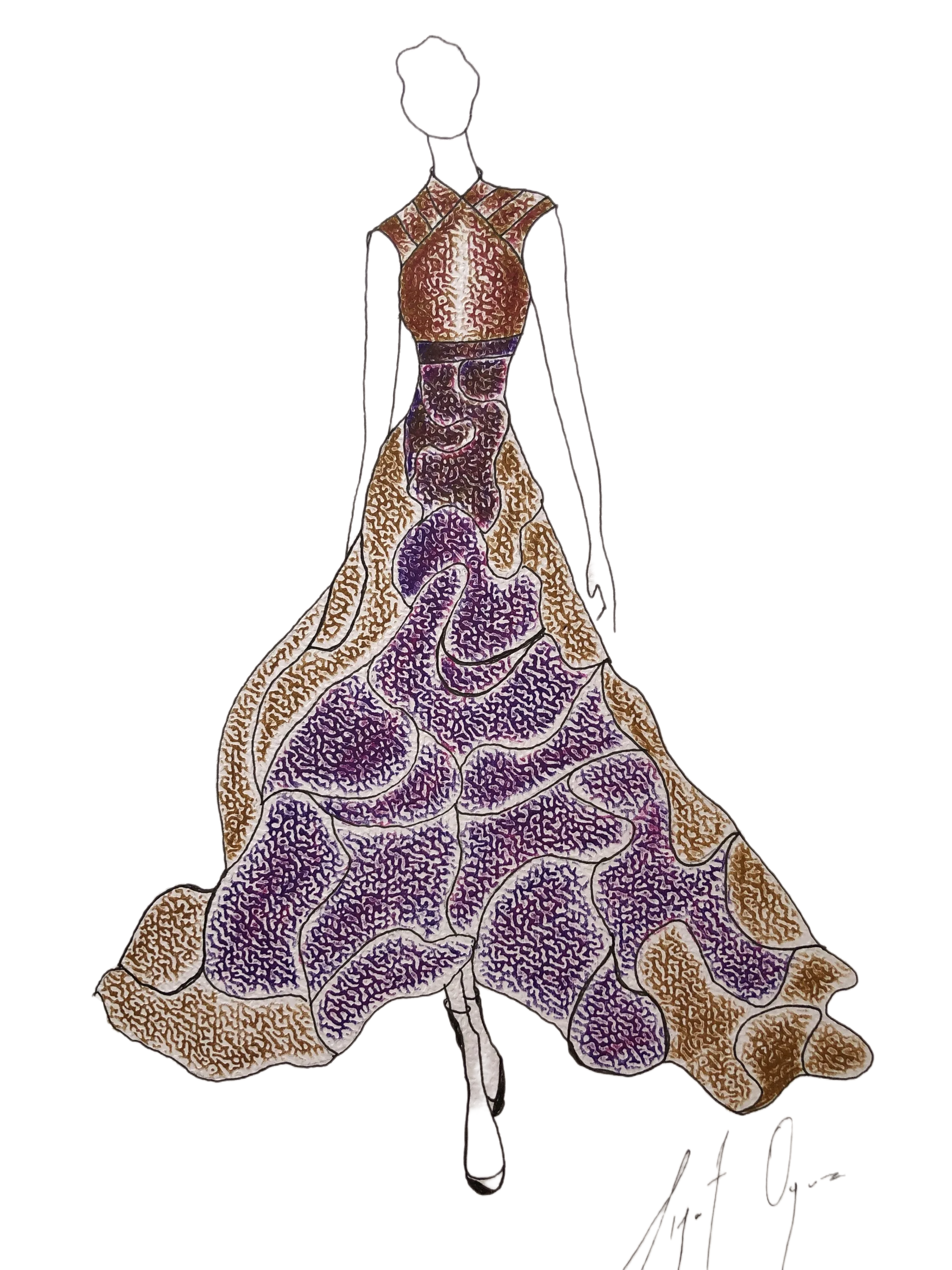 Long dress in purses and browns with intricate patterns 