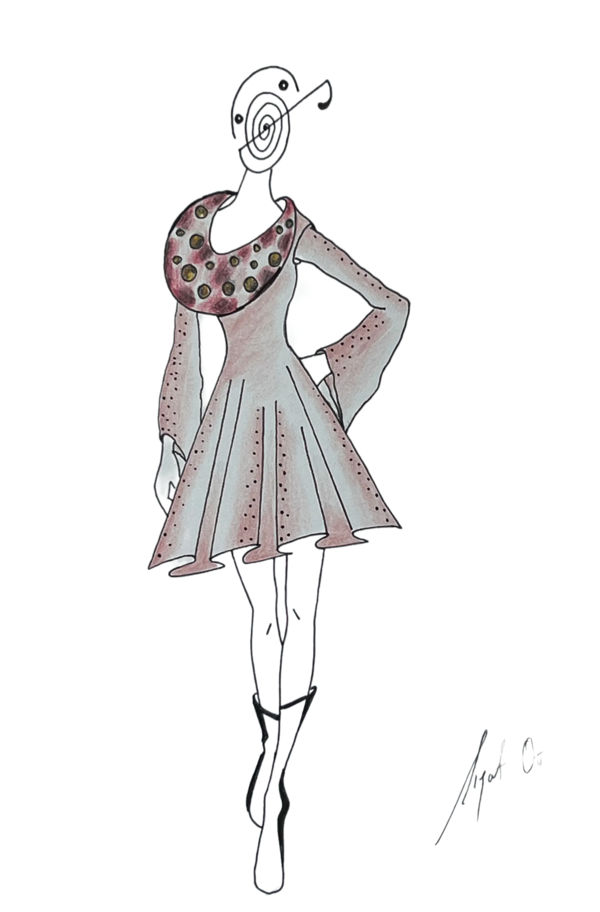 Drawing of long sleeved dress with large floppy collar