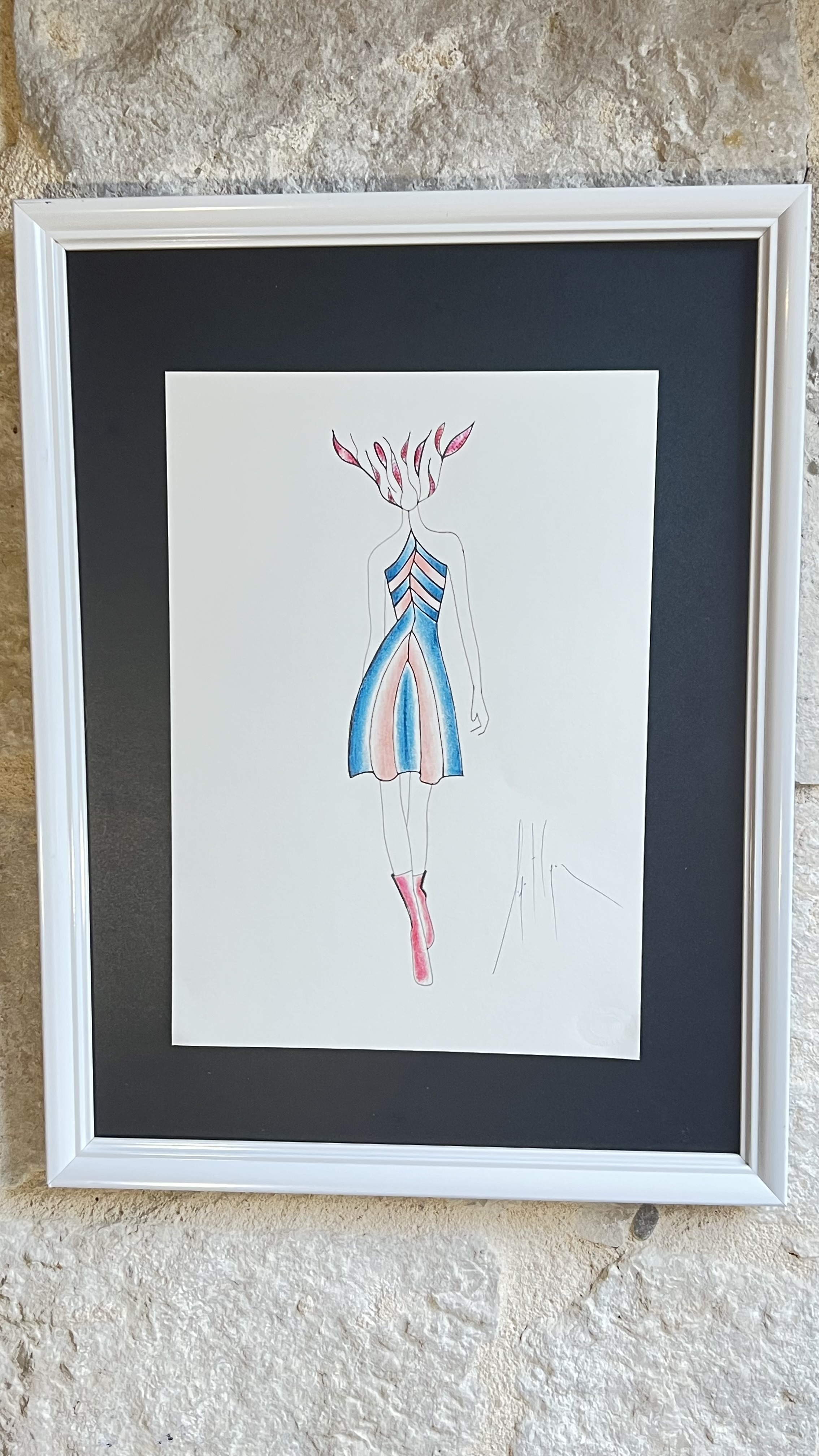 Original haut couture designer's drawing  black mount with  white frame of unique h dress in blue and pink