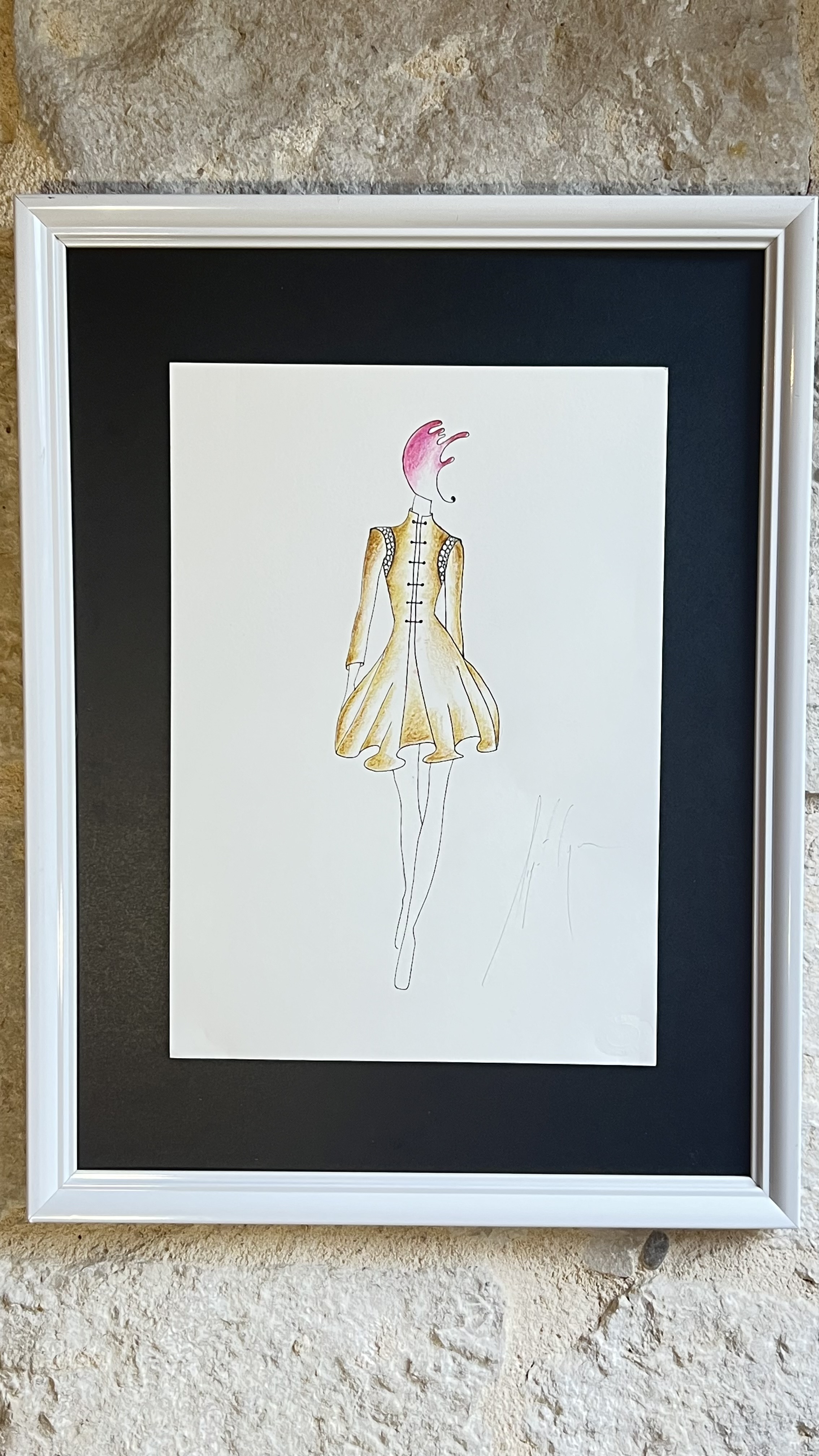 Original haute couture designer's drawing of a long sleeved dress in pale brown with lace inserts
