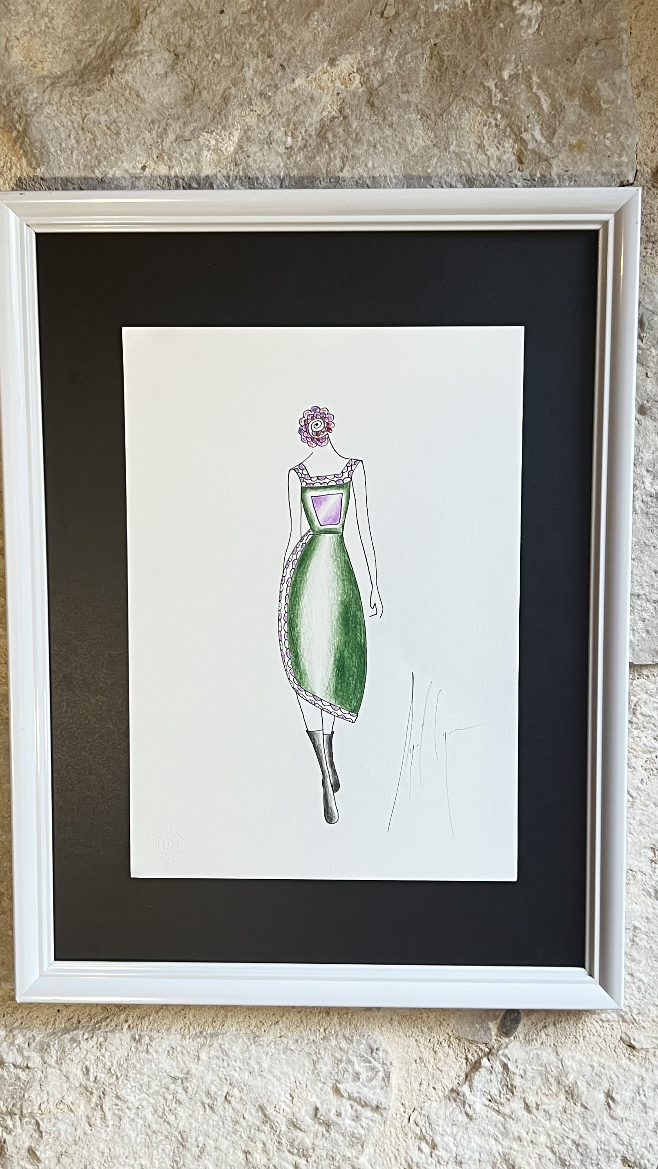 Original haute couture designers drawing of a green dress with a lilac pinafore bodice